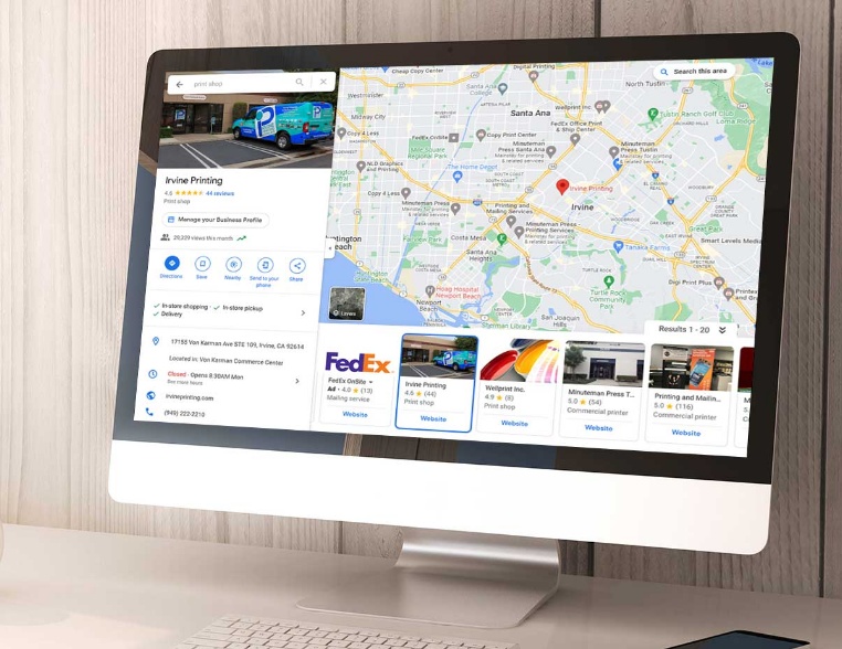 A monitor showing Google Maps with an open Google Business account.
